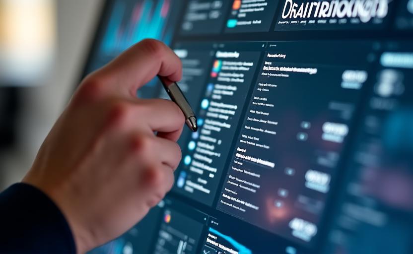 Un designer che lavora su un'interfaccia utente complessa e raffinata per una dashboard dati